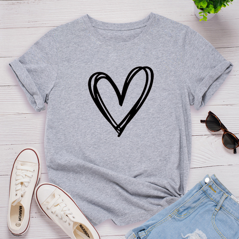 Line Heart Print Women T Shirt Short Sleeve O Neck Loose Women Tshirt Ladies Tee Shirt Tops Clothes Camisetas Mujer