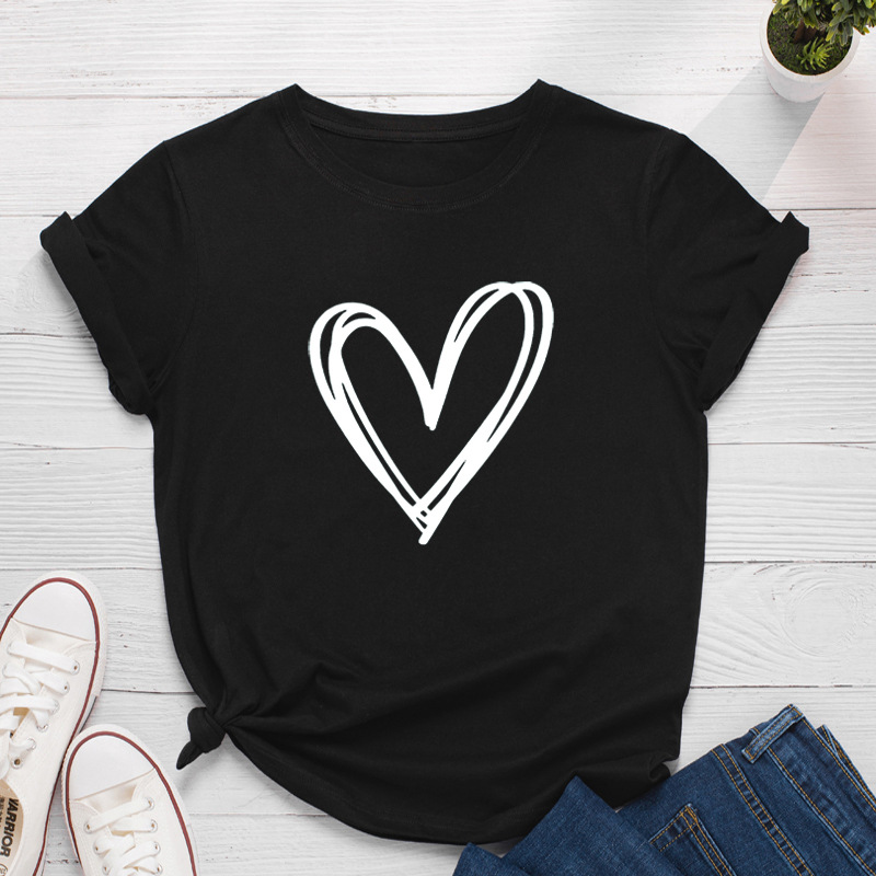 Line Heart Print Women T Shirt Short Sleeve O Neck Loose Women Tshirt Ladies Tee Shirt Tops Clothes Camisetas Mujer