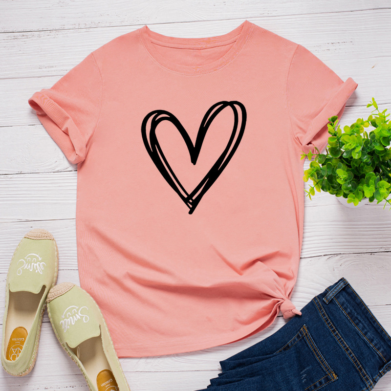 Line Heart Print Women T Shirt Short Sleeve O Neck Loose Women Tshirt Ladies Tee Shirt Tops Clothes Camisetas Mujer