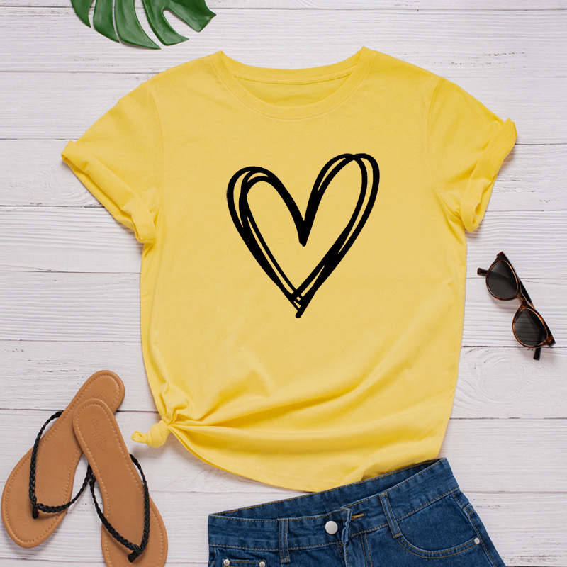 Line Heart Print Women T Shirt Short Sleeve O Neck Loose Women Tshirt Ladies Tee Shirt Tops Clothes Camisetas Mujer