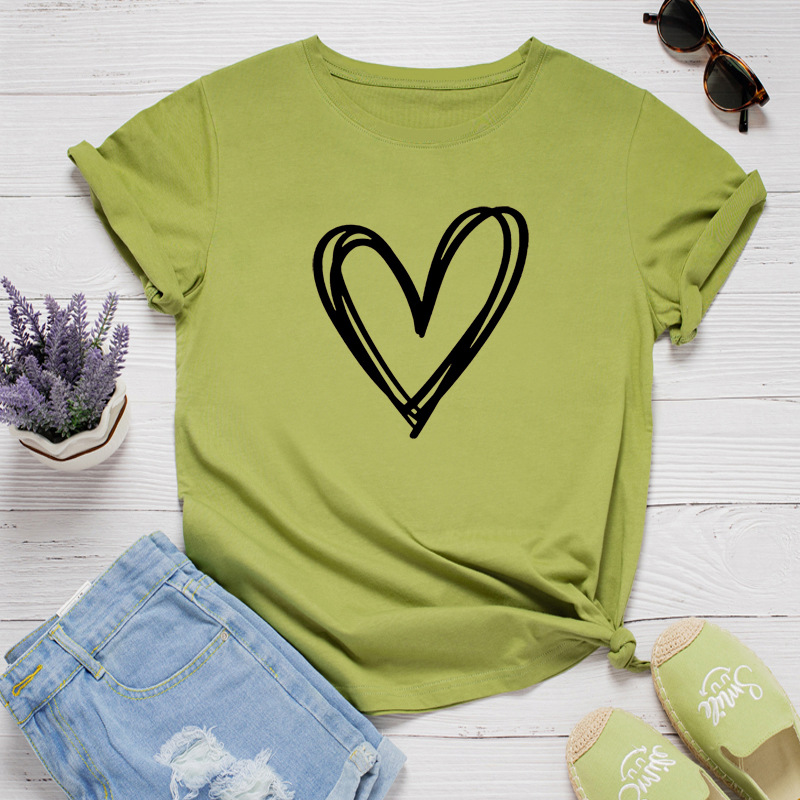 Line Heart Print Women T Shirt Short Sleeve O Neck Loose Women Tshirt Ladies Tee Shirt Tops Clothes Camisetas Mujer
