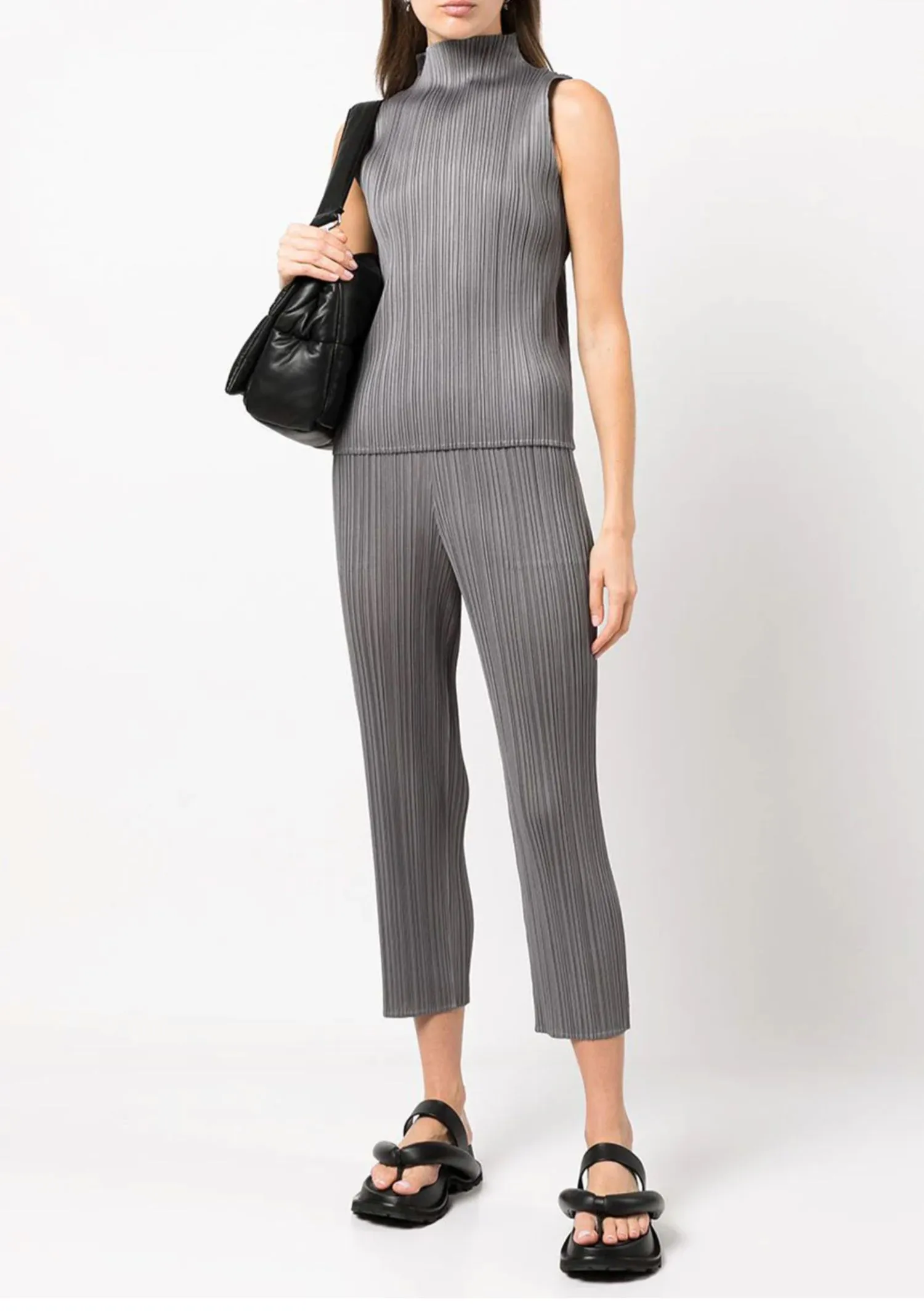 ALSEY Miyake Pleated Korean Style Sleeveless High Collar Tops Women's 2025 Summer New Simple Slim Solid Color T-shirt Clothing