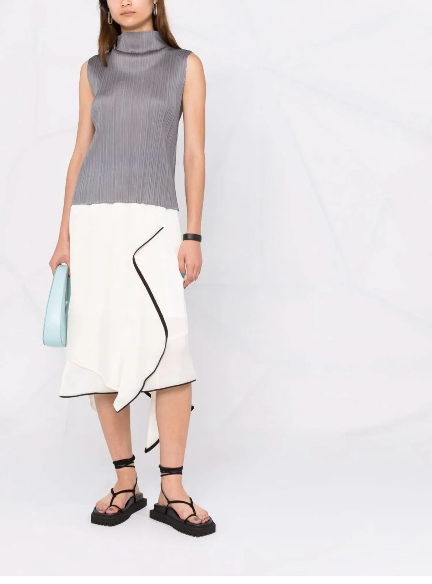 ALSEY Miyake Pleated Korean Style Sleeveless High Collar Tops Women's 2025 Summer New Simple Slim Solid Color T-shirt Clothing