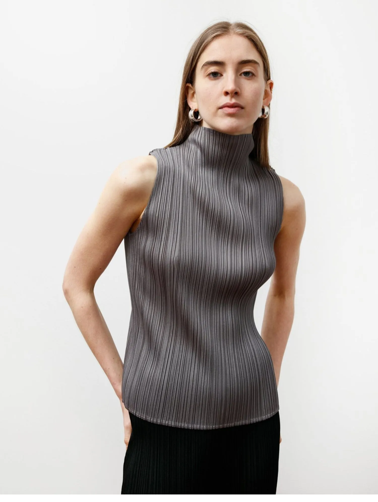 ALSEY Miyake Pleated Korean Style Sleeveless High Collar Tops Women's 2025 Summer New Simple Slim Solid Color T-shirt Clothing