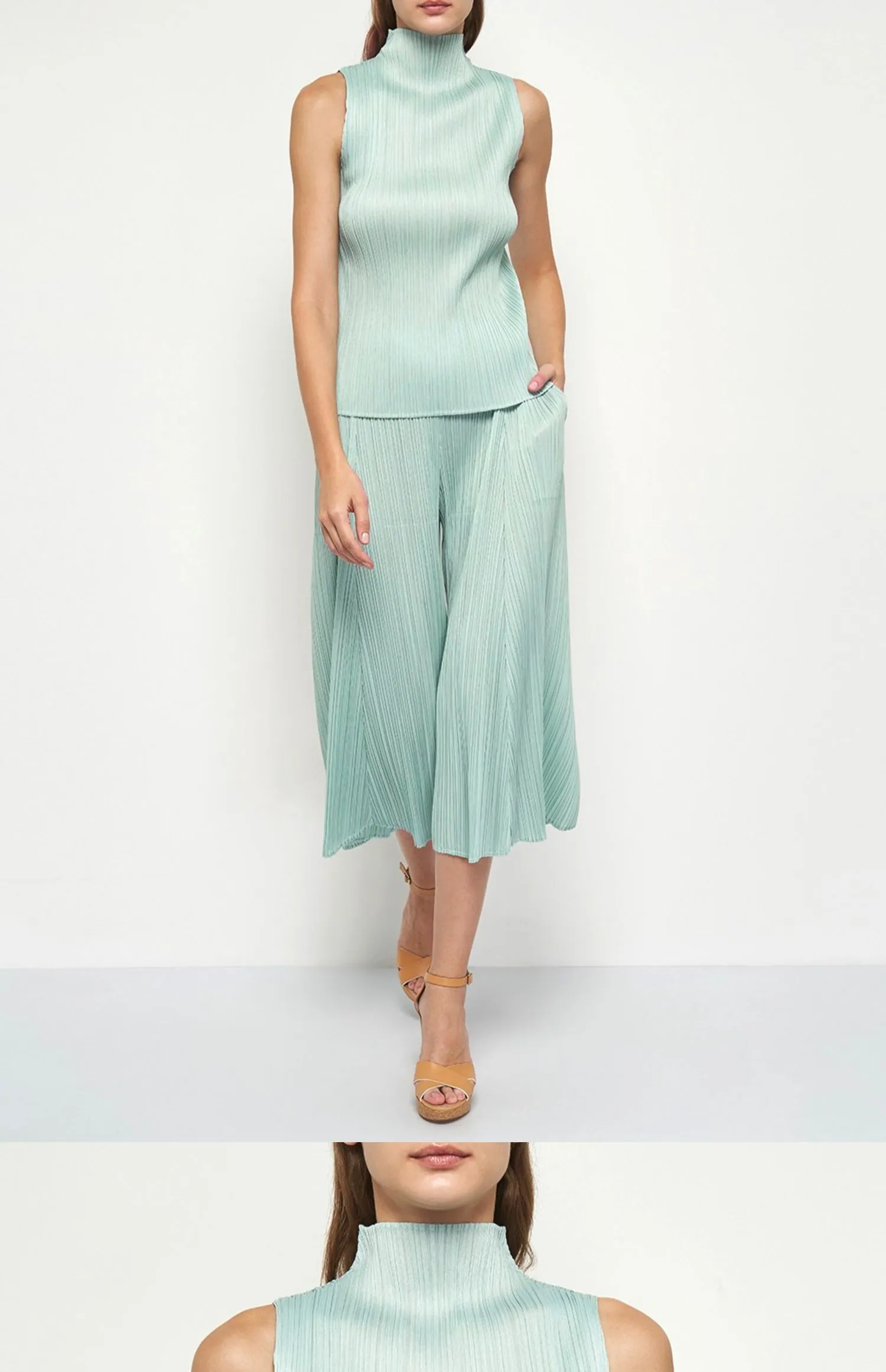 ALSEY Miyake Pleated Korean Style Sleeveless High Collar Tops Women's 2025 Summer New Simple Slim Solid Color T-shirt Clothing