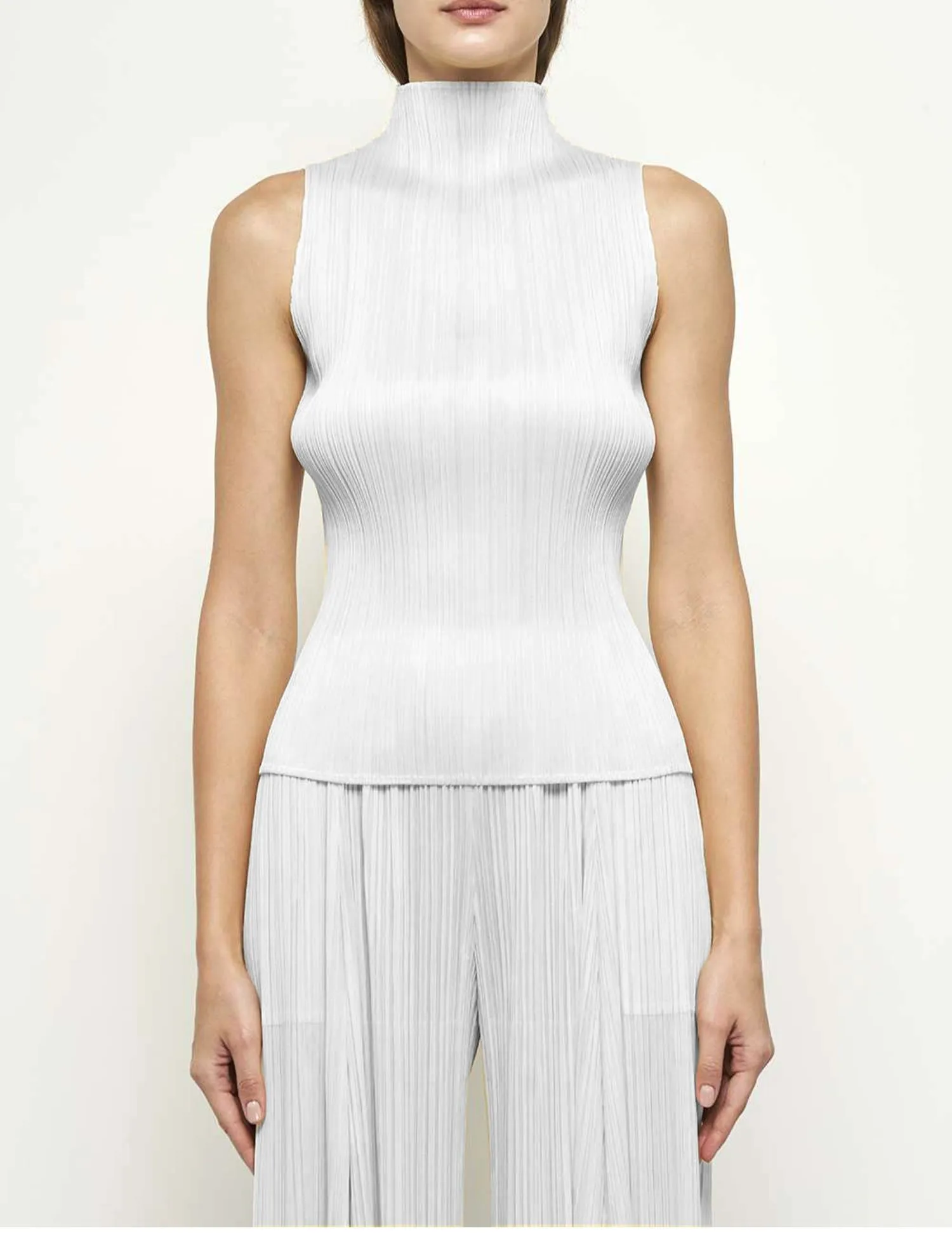 ALSEY Miyake Pleated Korean Style Sleeveless High Collar Tops Women's 2025 Summer New Simple Slim Solid Color T-shirt Clothing