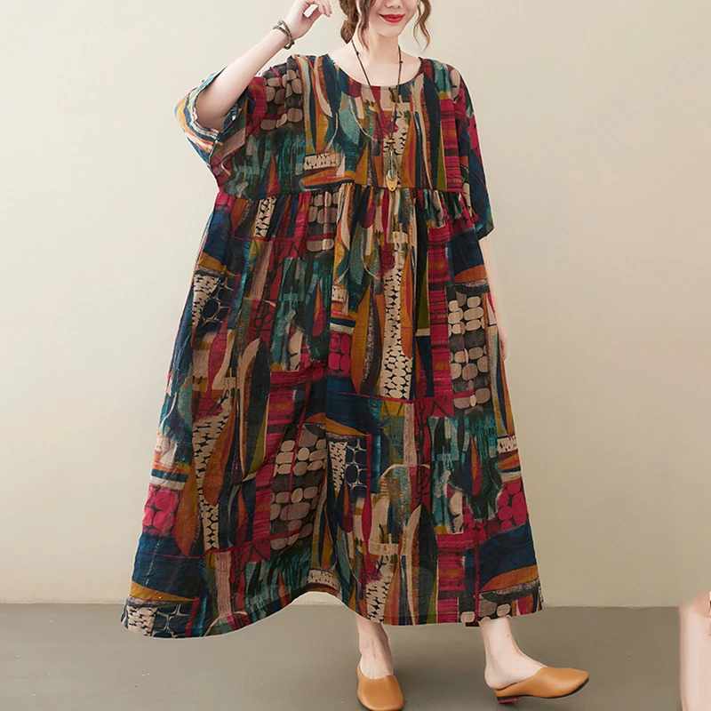 Short Sleeve Cotton Linen Vintage Print Summer Long Dresses For Women 2026 Casual Loose Holiday Ladies Dress Elegant Clothes