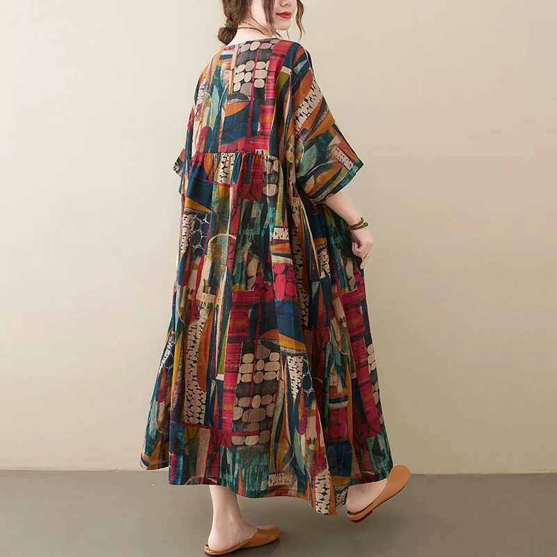 Short Sleeve Cotton Linen Vintage Print Summer Long Dresses For Women 2026 Casual Loose Holiday Ladies Dress Elegant Clothes