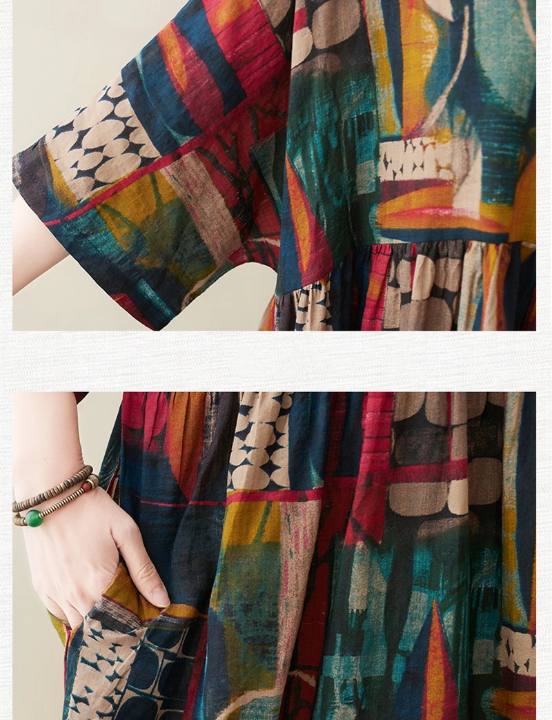 Short Sleeve Cotton Linen Vintage Print Summer Long Dresses For Women 2026 Casual Loose Holiday Ladies Dress Elegant Clothes