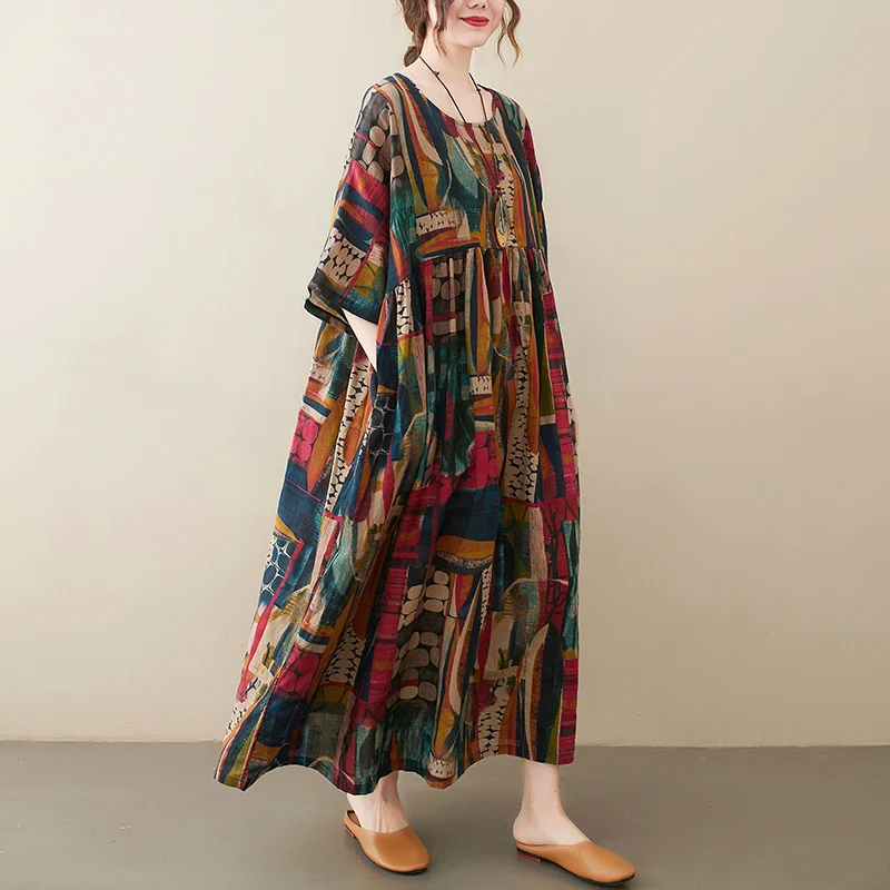 Short Sleeve Cotton Linen Vintage Print Summer Long Dresses For Women 2026 Casual Loose Holiday Ladies Dress Elegant Clothes