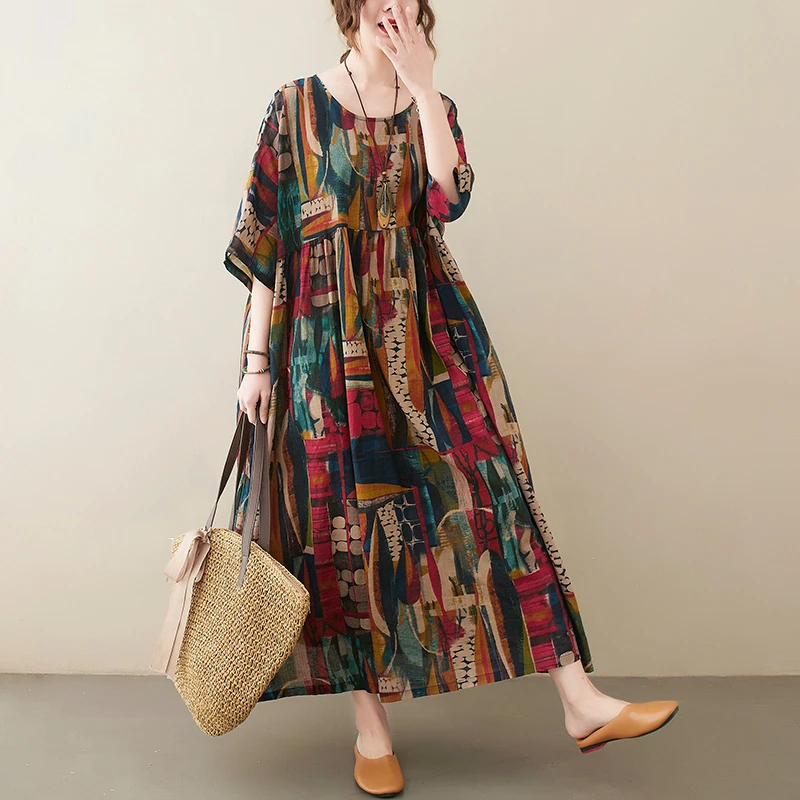 Short Sleeve Cotton Linen Vintage Print Summer Long Dresses For Women 2026 Casual Loose Holiday Ladies Dress Elegant Clothes