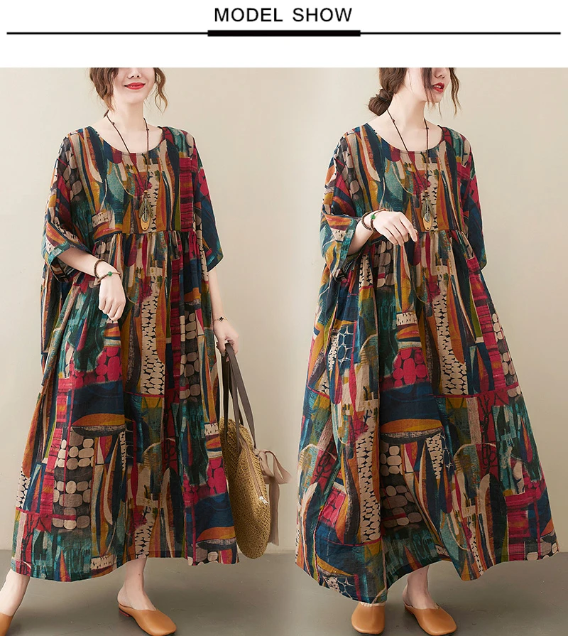 Short Sleeve Cotton Linen Vintage Print Summer Long Dresses For Women 2026 Casual Loose Holiday Ladies Dress Elegant Clothes
