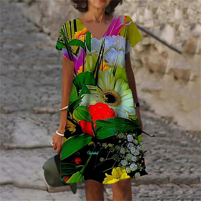New Rose FloralGreen Leaves Plant Flowers 3D Print Women Dress 2023 Oversized Summer Vintage Short Sleeve V-Neck A-Line Dresses
