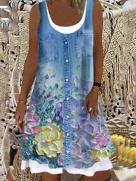 Women Summer Dress Large Size Sleeveless Print Loose Lady Casual Round Neck Thin Blended Polyester Clothing