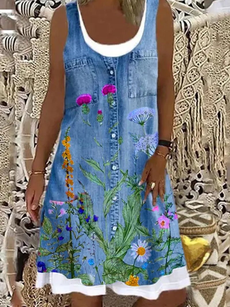 Women Summer Dress Large Size Sleeveless Print Loose Lady Casual Round Neck Thin Blended Polyester Clothing