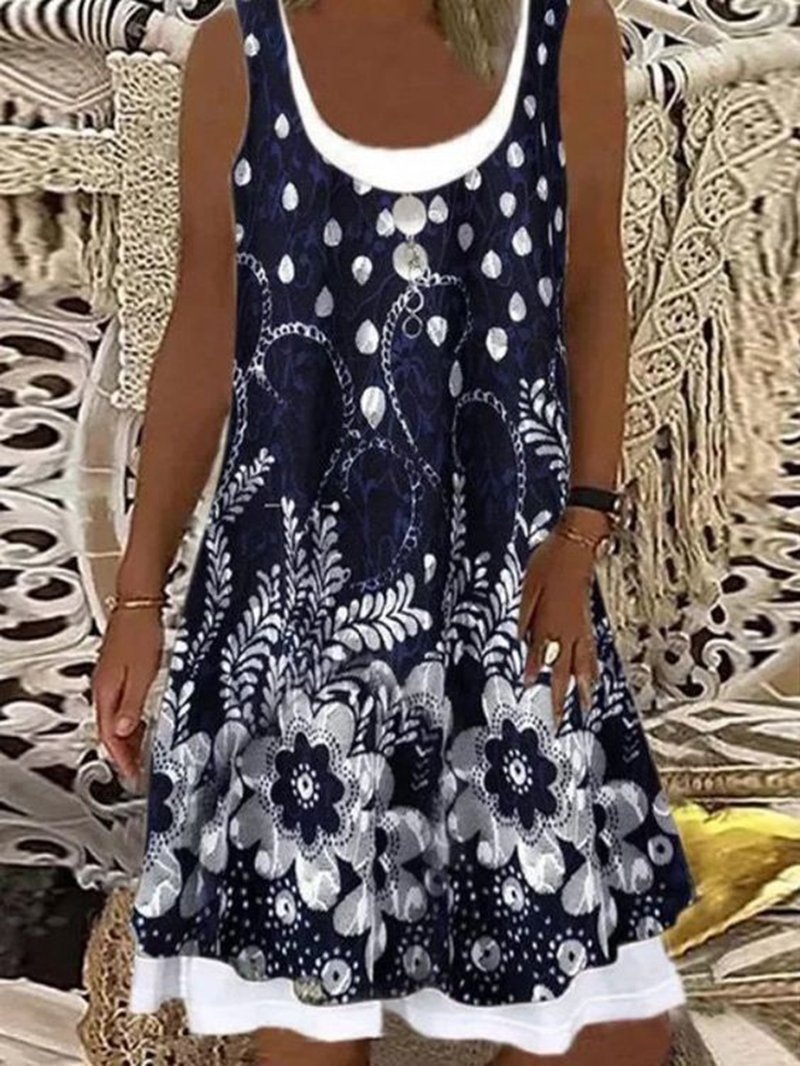 Women Summer Dress Large Size Sleeveless Print Loose Lady Casual Round Neck Thin Blended Polyester Clothing