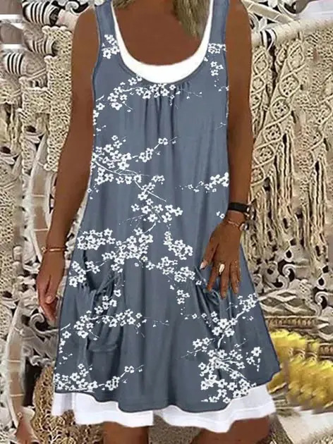 Women Summer Dress Large Size Sleeveless Print Loose Lady Casual Round Neck Thin Blended Polyester Clothing