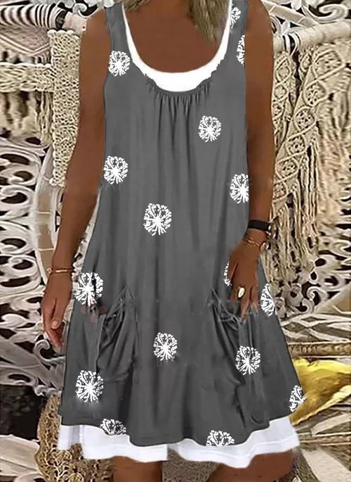 Women Summer Dress Large Size Sleeveless Print Loose Lady Casual Round Neck Thin Blended Polyester Clothing