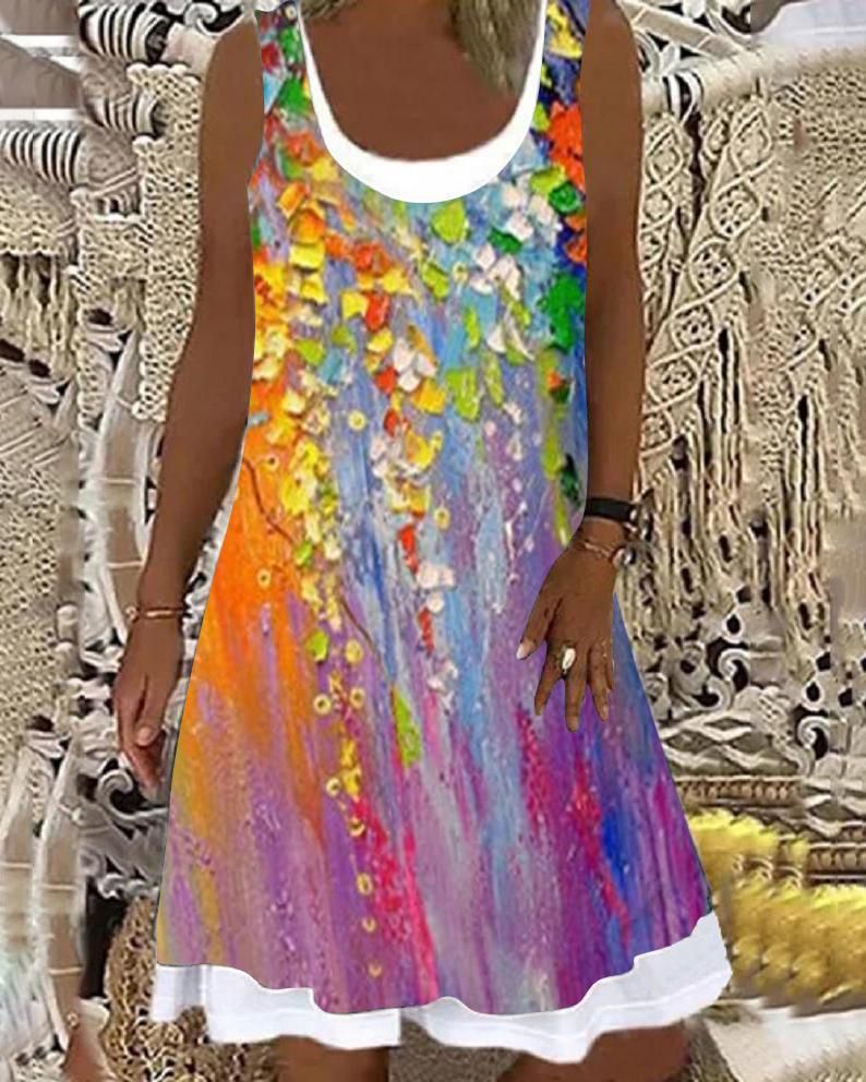 Women Summer Dress Large Size Sleeveless Print Loose Lady Casual Round Neck Thin Blended Polyester Clothing