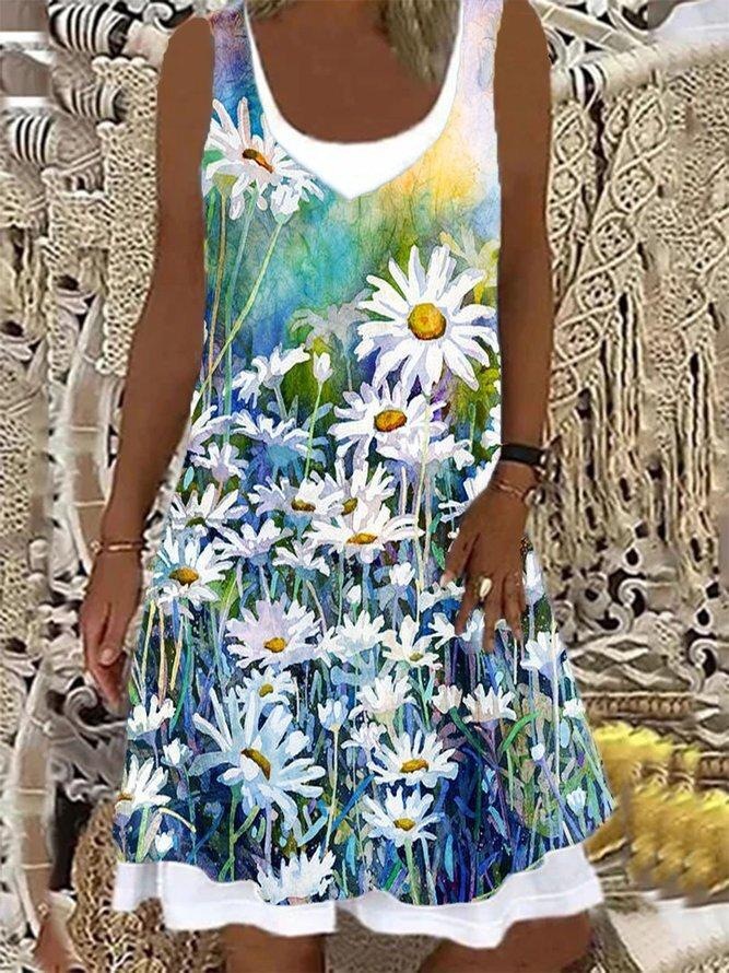 Women Summer Dress Large Size Sleeveless Print Loose Lady Casual Round Neck Thin Blended Polyester Clothing