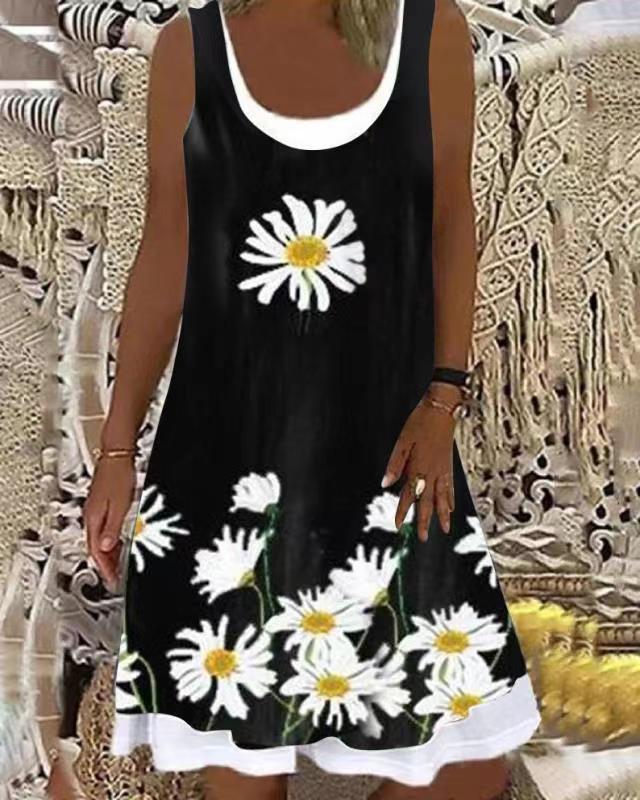 Women Summer Dress Large Size Sleeveless Print Loose Lady Casual Round Neck Thin Blended Polyester Clothing