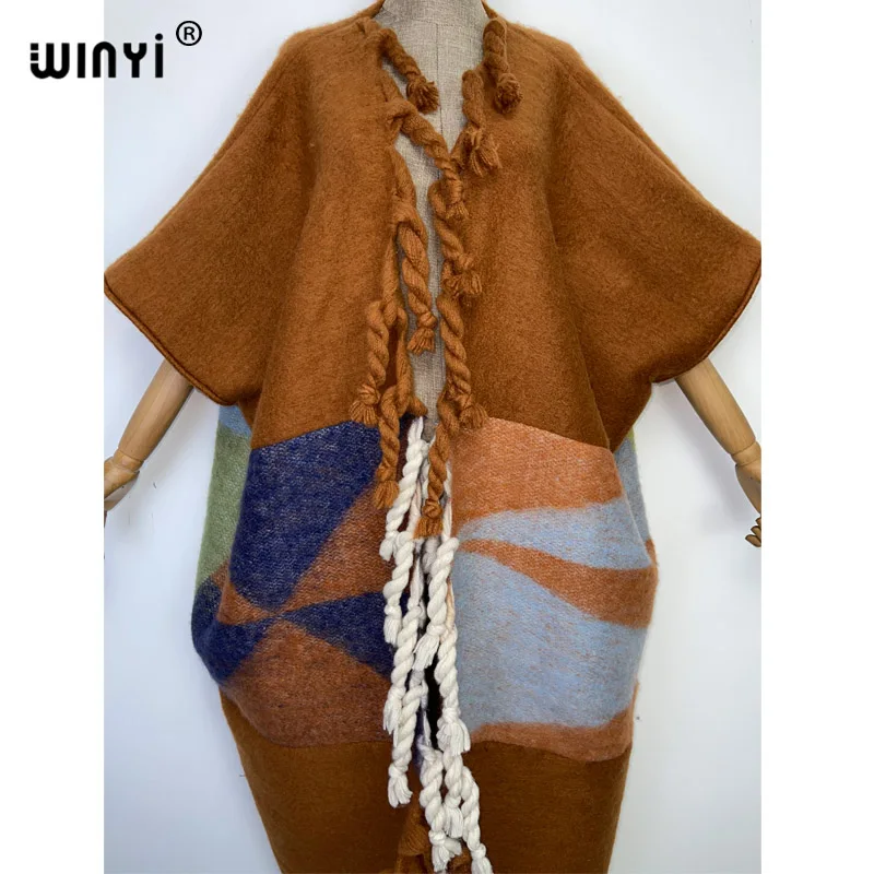 2022 WINYI Africa Winter Women tassel Cardigan coat Christmas dress robe longue Thick Warm assorted colors Loose overcoat