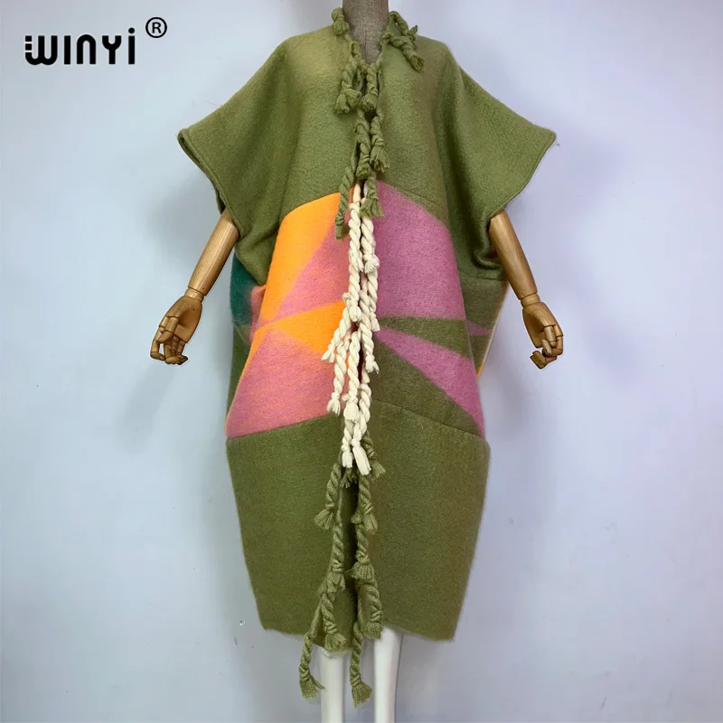 2022 WINYI Africa Winter Women tassel Cardigan coat Christmas dress robe longue Thick Warm assorted colors Loose overcoat