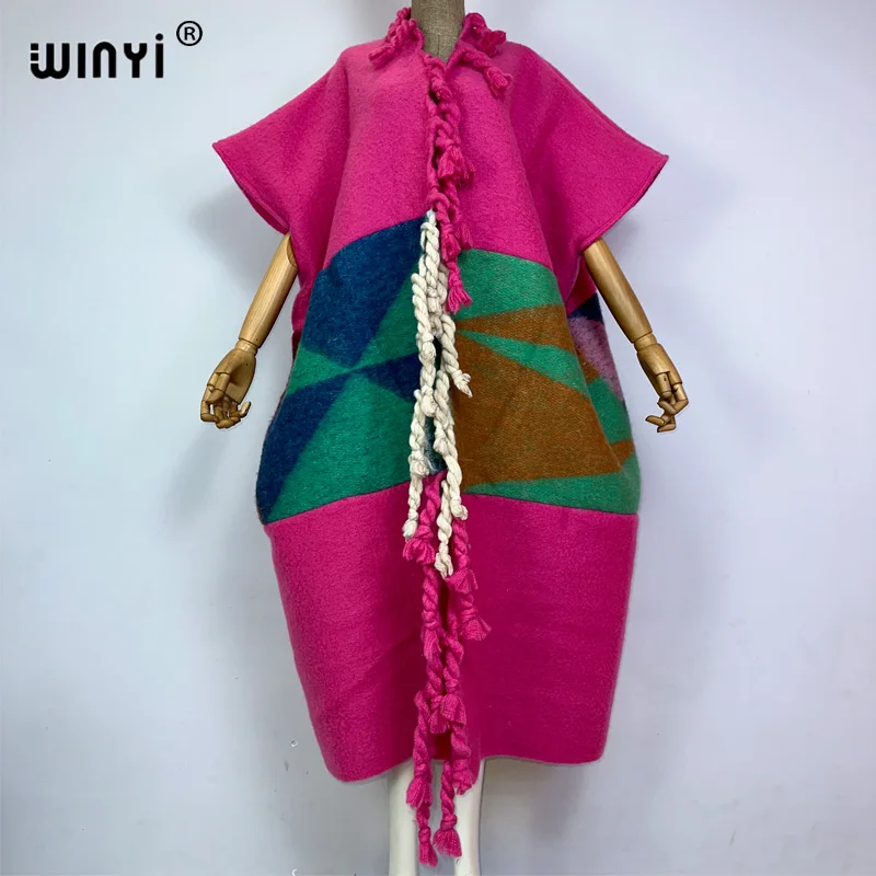 2022 WINYI Africa Winter Women tassel Cardigan coat Christmas dress robe longue Thick Warm assorted colors Loose overcoat
