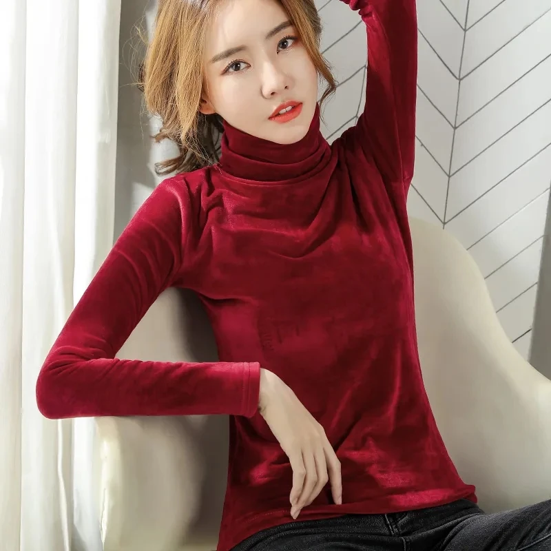Autumn Winter Women Elegant Velvet Pullovers Women 2023 New Style Casual Slim Turtleneck Full Sleeves Tops