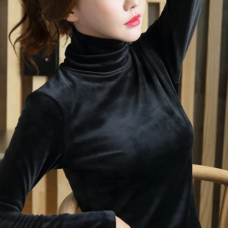 Autumn Winter Women Elegant Velvet Pullovers Women 2023 New Style Casual Slim Turtleneck Full Sleeves Tops