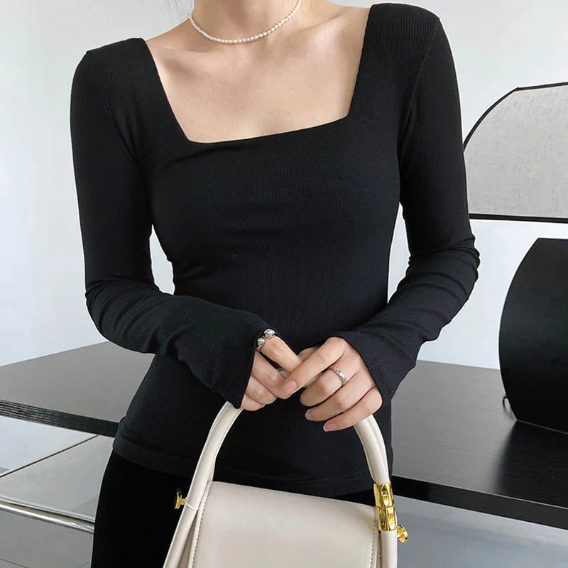 Long-sleeved square-neck t-shirt women's slim-fit exposed collarbone low-neck short top bottoming shirt