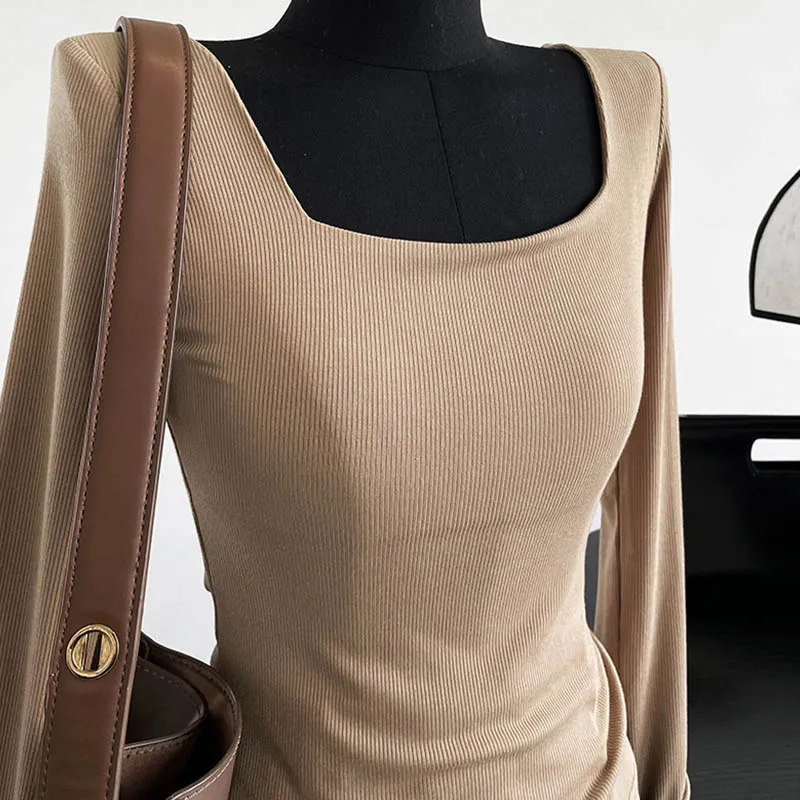 Long-sleeved square-neck t-shirt women's slim-fit exposed collarbone low-neck short top bottoming shirt
