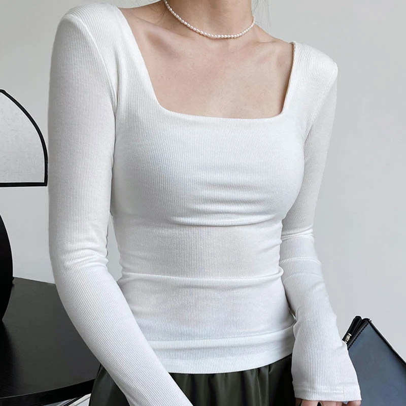 Long-sleeved square-neck t-shirt women's slim-fit exposed collarbone low-neck short top bottoming shirt