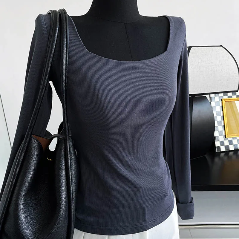 Long-sleeved square-neck t-shirt women's slim-fit exposed collarbone low-neck short top bottoming shirt
