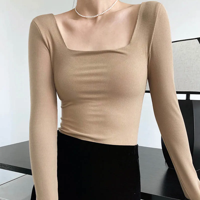 Long-sleeved square-neck t-shirt women's slim-fit exposed collarbone low-neck short top bottoming shirt