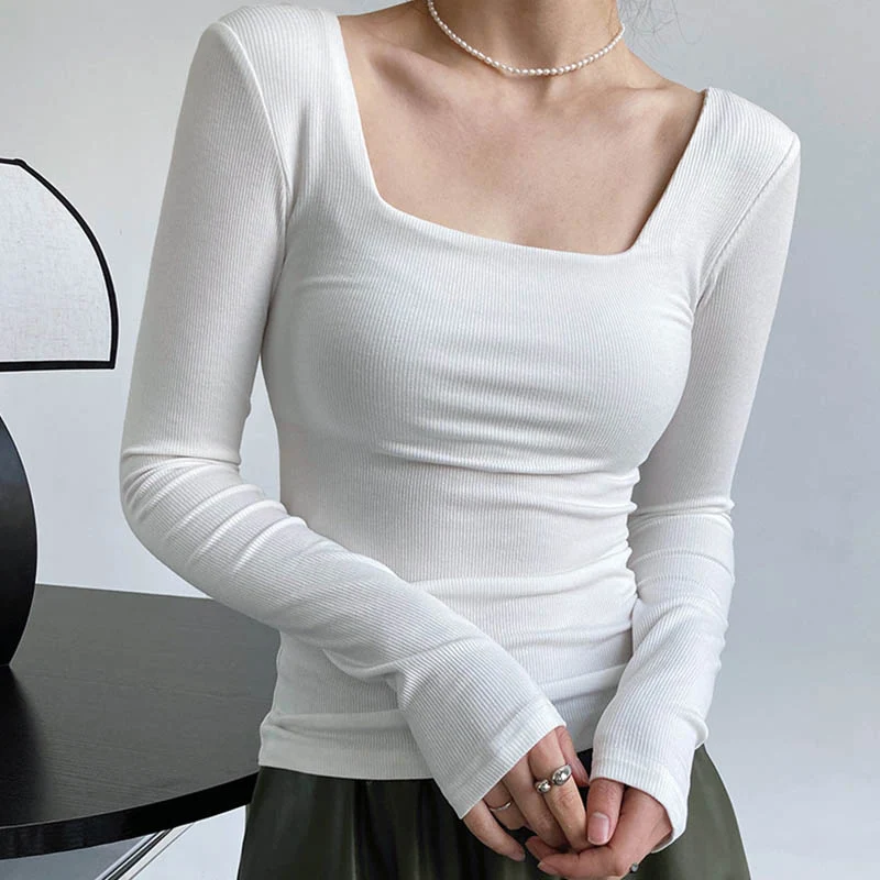 Long-sleeved square-neck t-shirt women's slim-fit exposed collarbone low-neck short top bottoming shirt