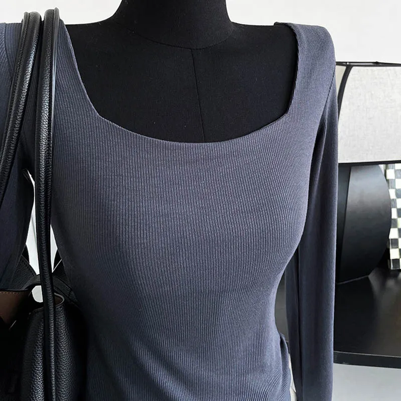 Long-sleeved square-neck t-shirt women's slim-fit exposed collarbone low-neck short top bottoming shirt