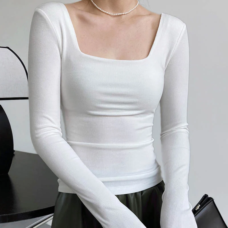 Long-sleeved square-neck t-shirt women's slim-fit exposed collarbone low-neck short top bottoming shirt