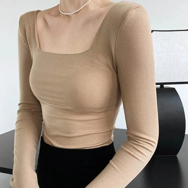 Long-sleeved square-neck t-shirt women's slim-fit exposed collarbone low-neck short top bottoming shirt