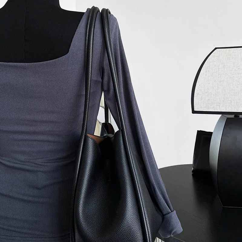 Long-sleeved square-neck t-shirt women's slim-fit exposed collarbone low-neck short top bottoming shirt