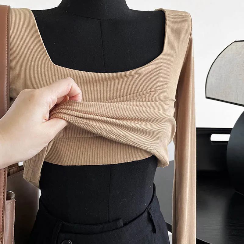 Long-sleeved square-neck t-shirt women's slim-fit exposed collarbone low-neck short top bottoming shirt
