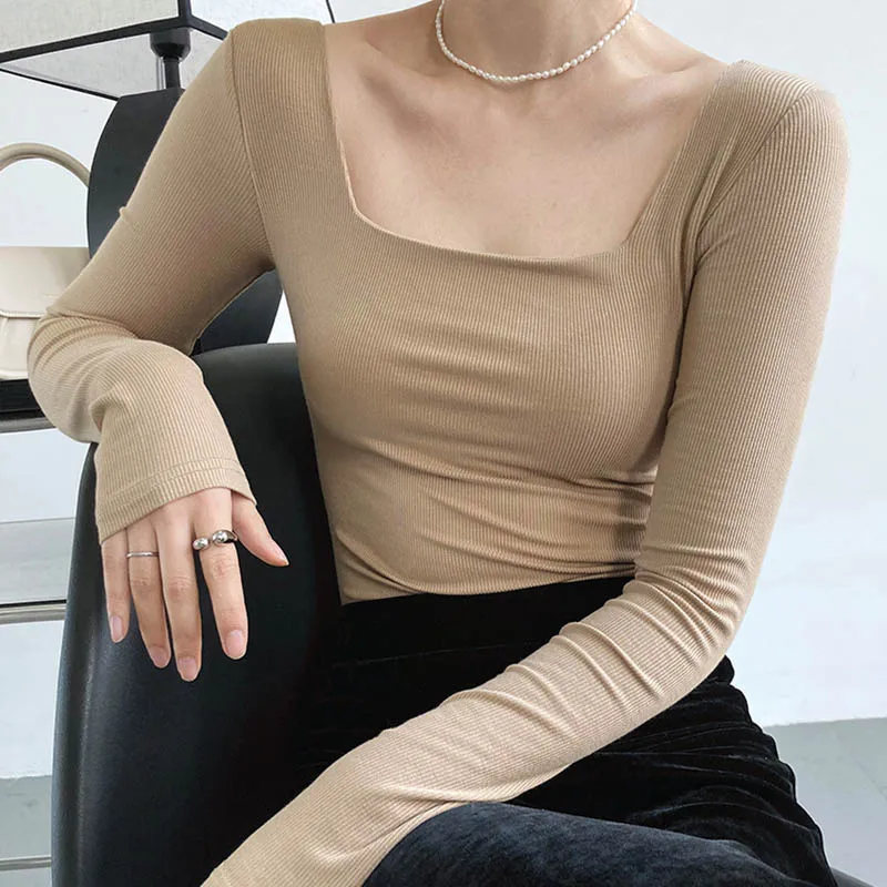 Long-sleeved square-neck t-shirt women's slim-fit exposed collarbone low-neck short top bottoming shirt