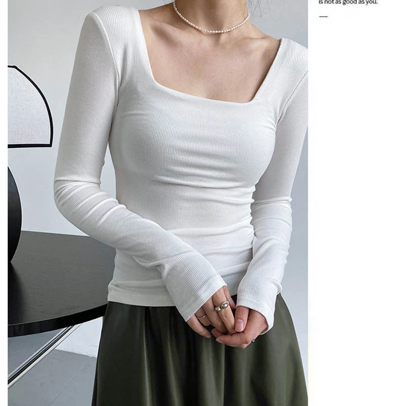 Long-sleeved square-neck t-shirt women's slim-fit exposed collarbone low-neck short top bottoming shirt