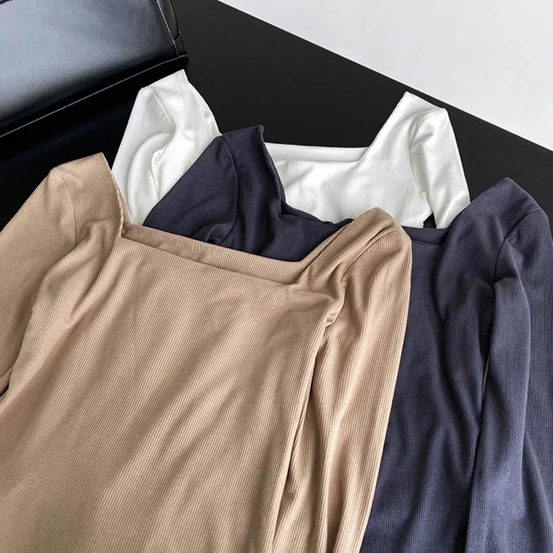 Long-sleeved square-neck t-shirt women's slim-fit exposed collarbone low-neck short top bottoming shirt