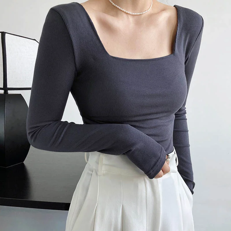 Long-sleeved square-neck t-shirt women's slim-fit exposed collarbone low-neck short top bottoming shirt