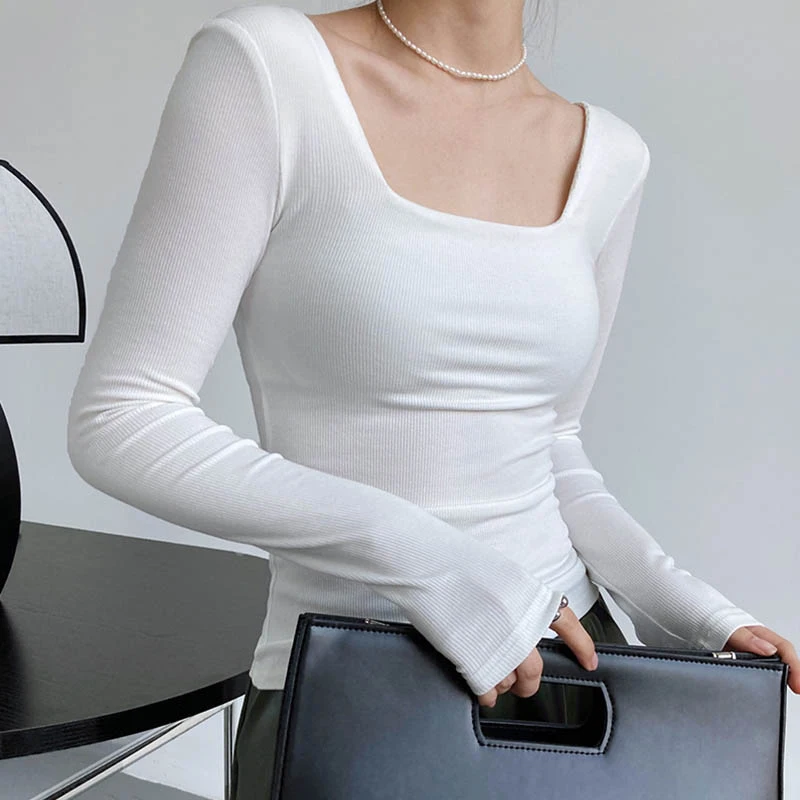 Long-sleeved square-neck t-shirt women's slim-fit exposed collarbone low-neck short top bottoming shirt