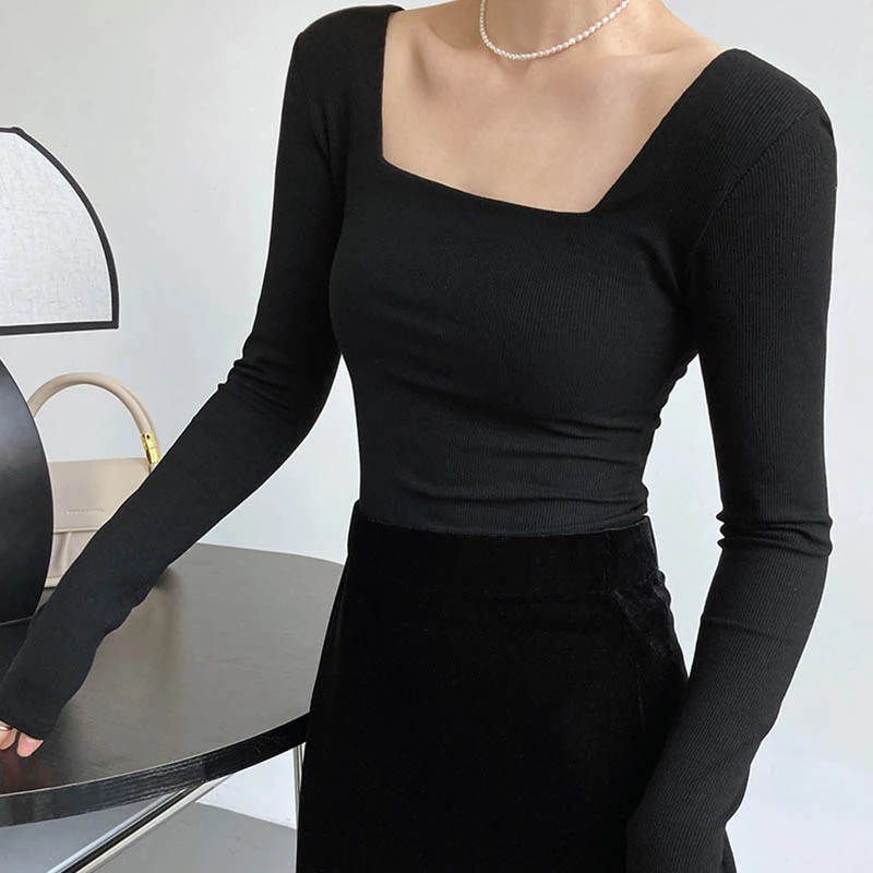 Long-sleeved square-neck t-shirt women's slim-fit exposed collarbone low-neck short top bottoming shirt