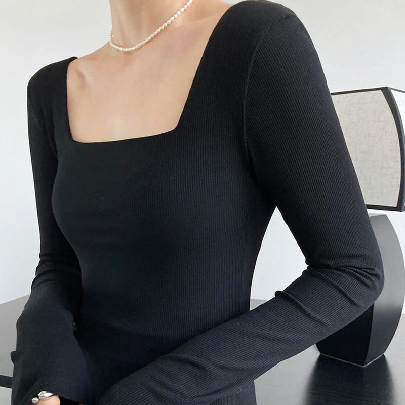 Long-sleeved square-neck t-shirt women's slim-fit exposed collarbone low-neck short top bottoming shirt