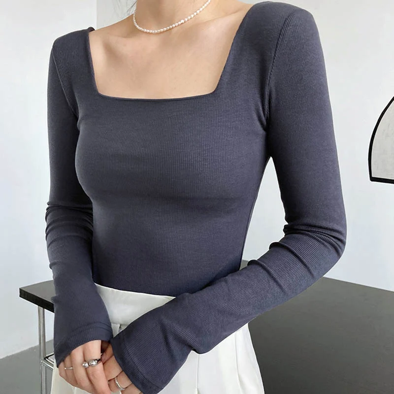 Long-sleeved square-neck t-shirt women's slim-fit exposed collarbone low-neck short top bottoming shirt
