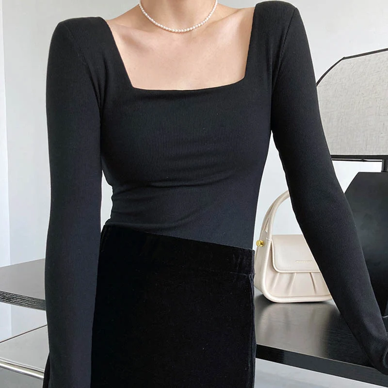Long-sleeved square-neck t-shirt women's slim-fit exposed collarbone low-neck short top bottoming shirt